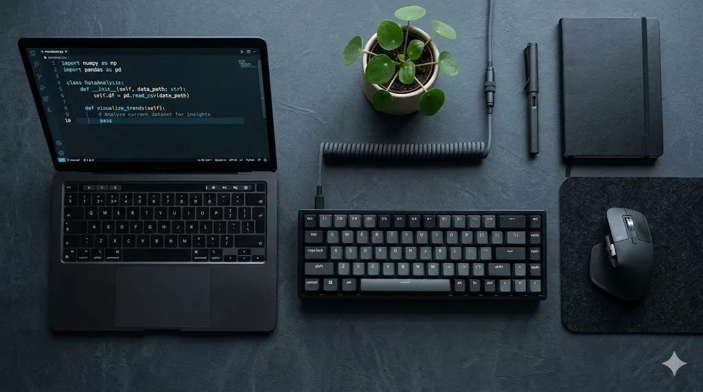 Calm workspace — laptop, notebook, and plant on a dark desk