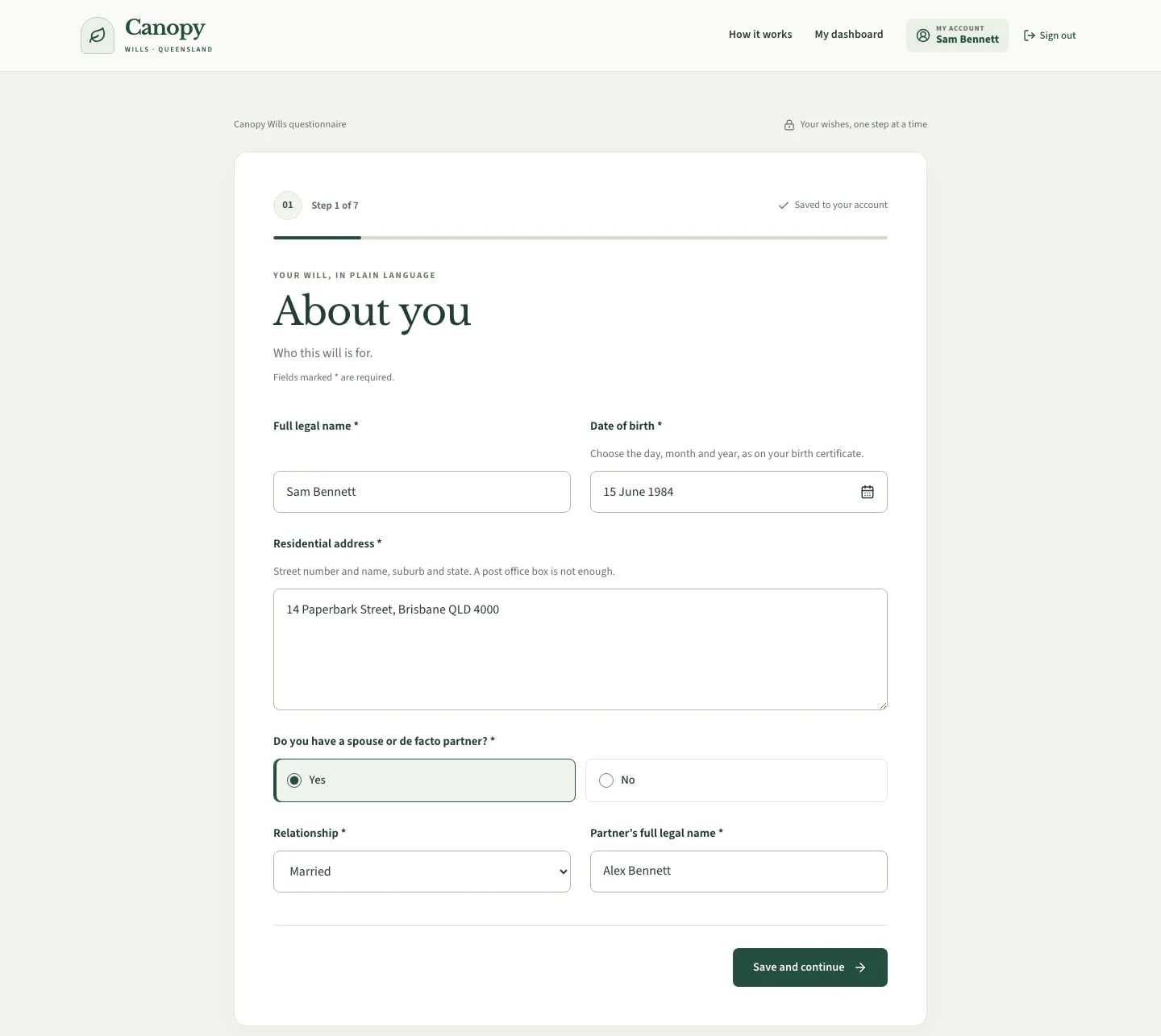 Demo client questionnaire with conditional partner details and a Save and continue button