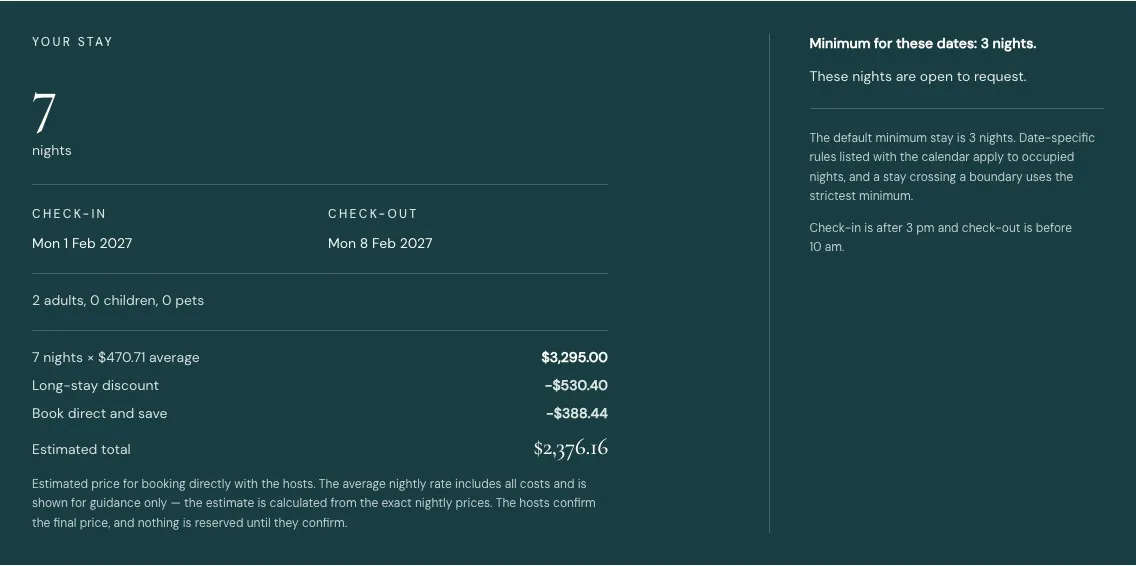 Capricorn Dancer seven-night example estimate showing long-stay and direct-booking discounts and manual-confirmation wording