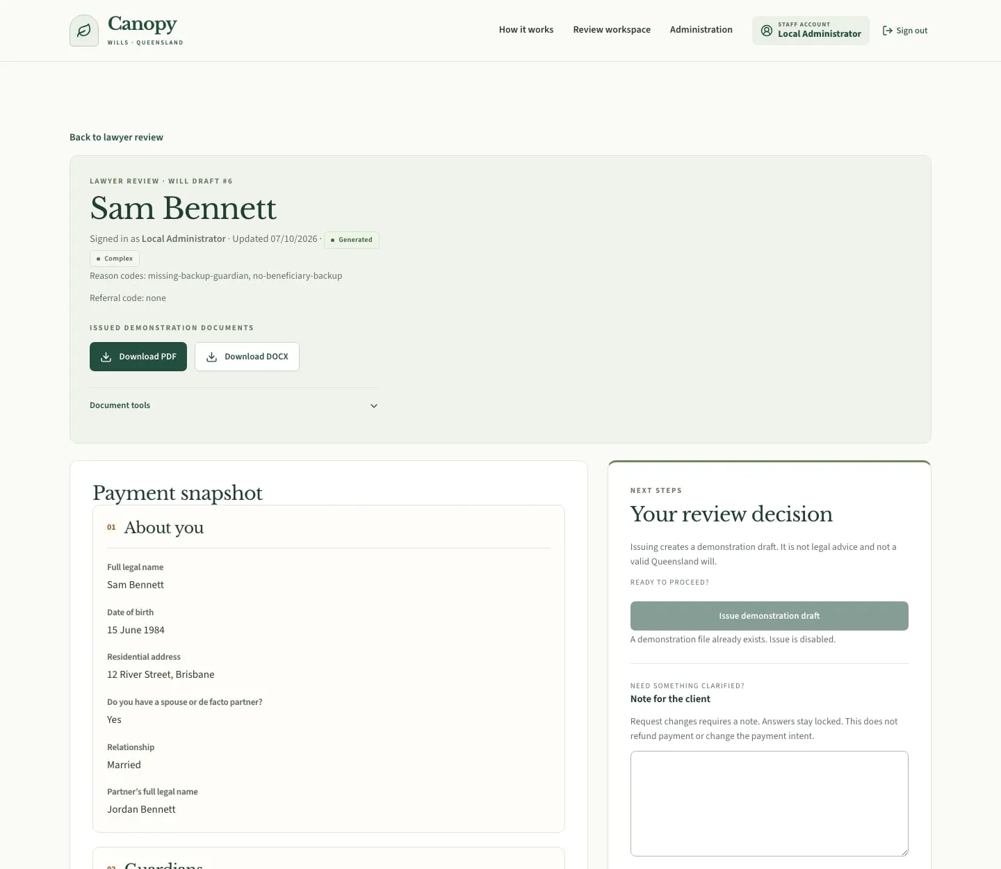 Demo staff workspace showing fictional client instructions, review flags and document issue controls