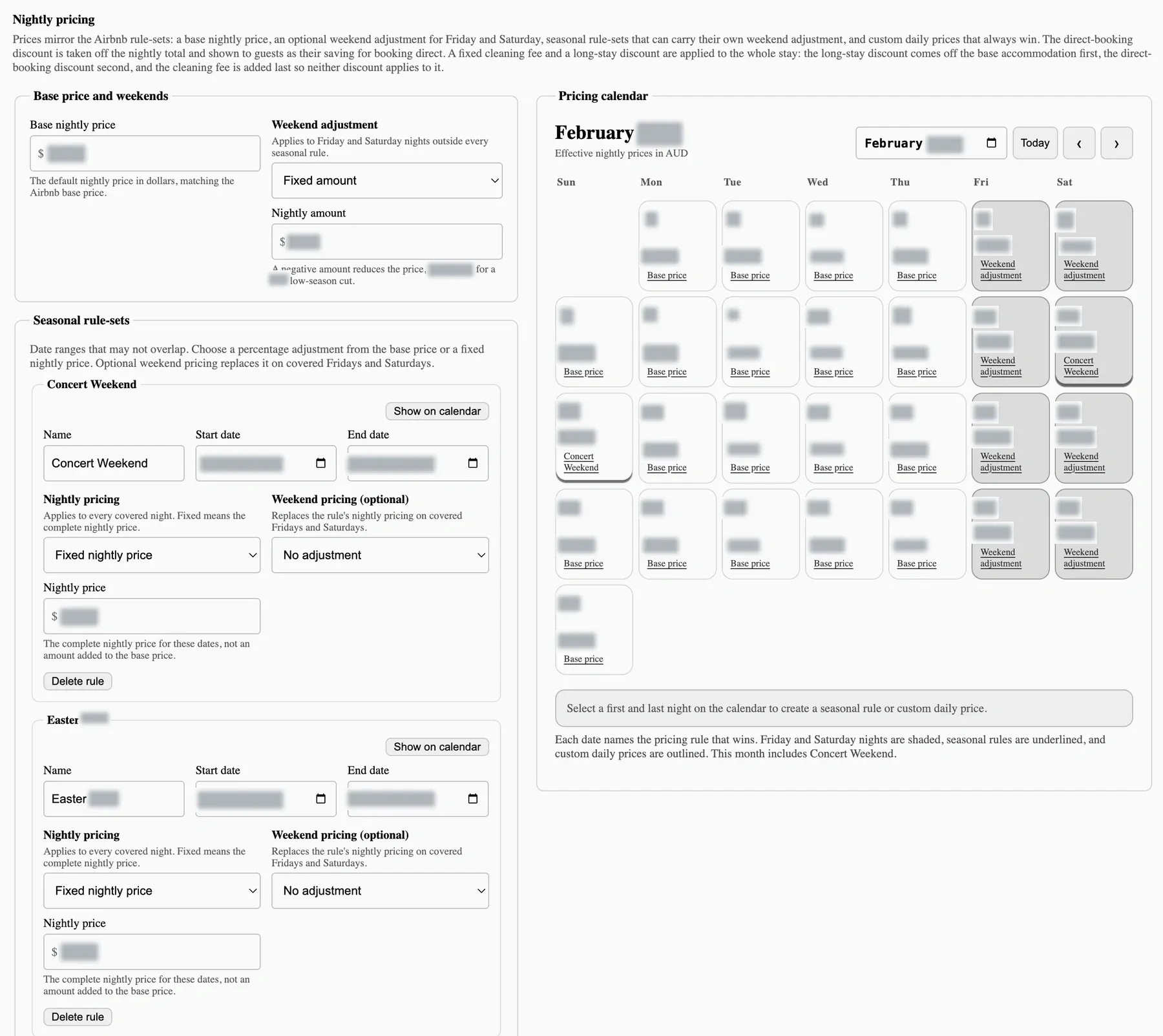 Capricorn Dancer pricing editor showing base rates, weekend adjustments, seasonal rules and a calendar preview; numeric values obscured