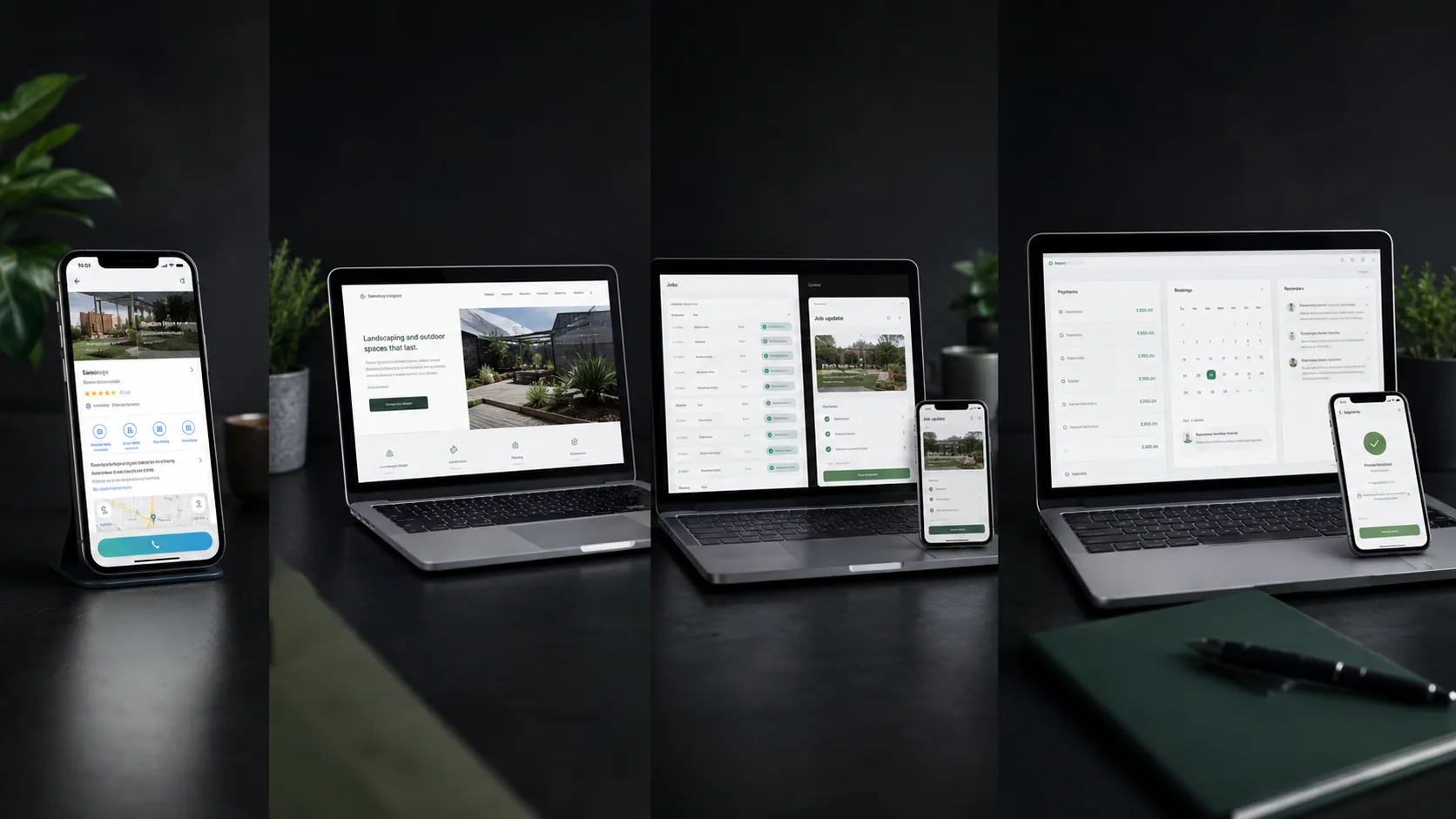 Four scenes of a small business online: a phone listing, a website, a job list with a customer update, and payments, bookings, and reminders.